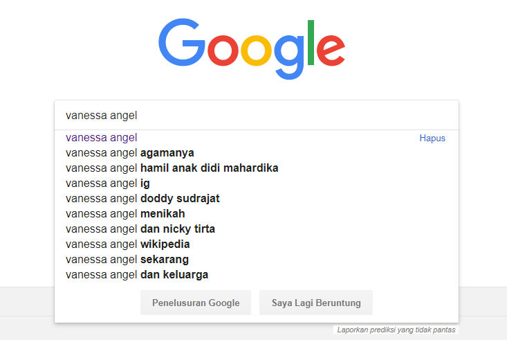 Kata kunci yang direkomendasikan Google terkait kata kunci Vanessa Angel/Dok. Pribadi